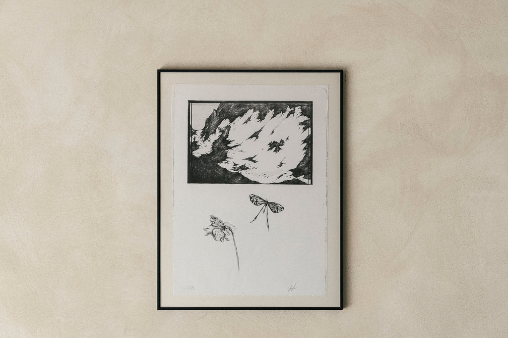 'Mountain, Butterfly, Flower' Lithography Print [with border]