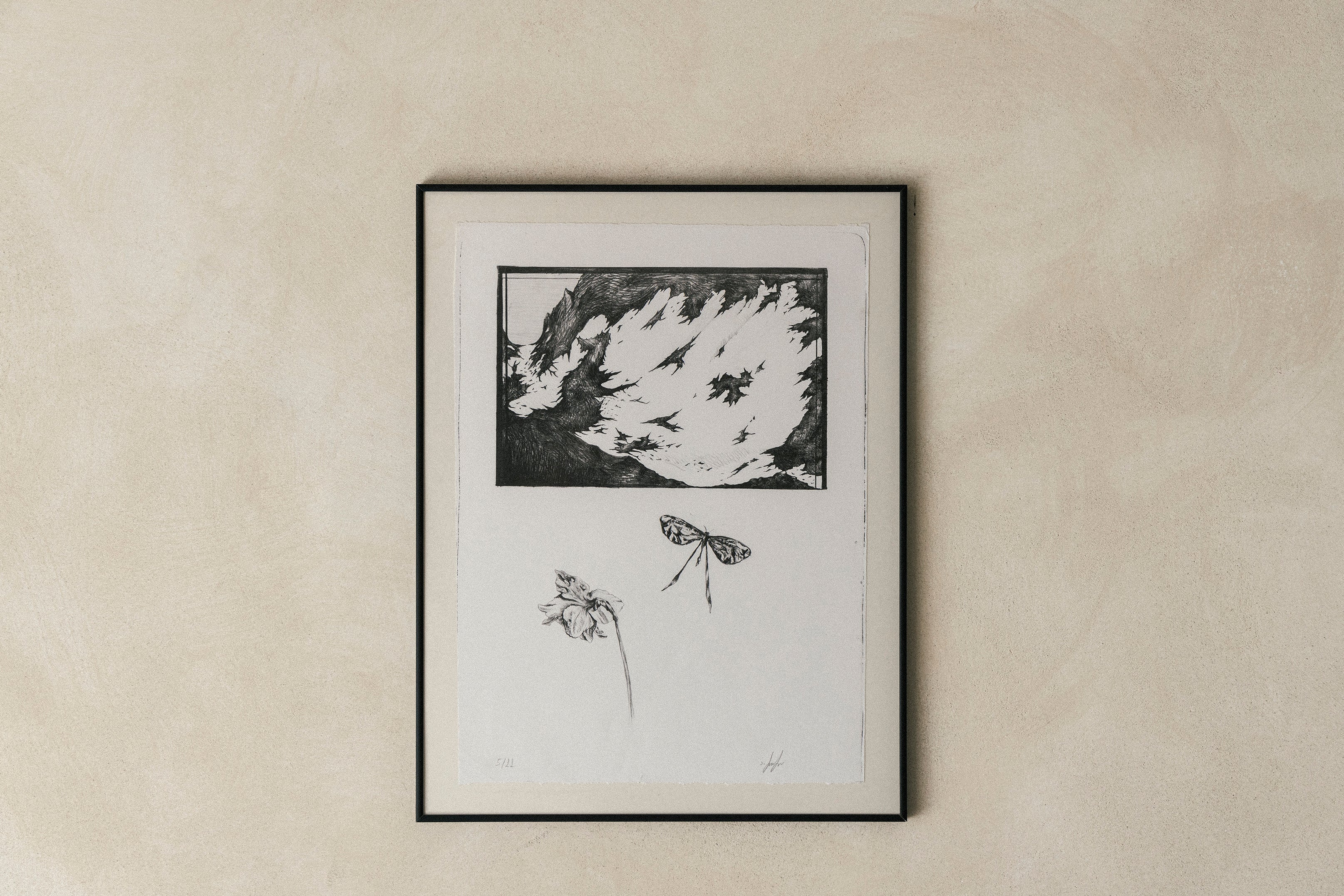 'Mountain, Butterfly, Flower' Lithography Print [with border]